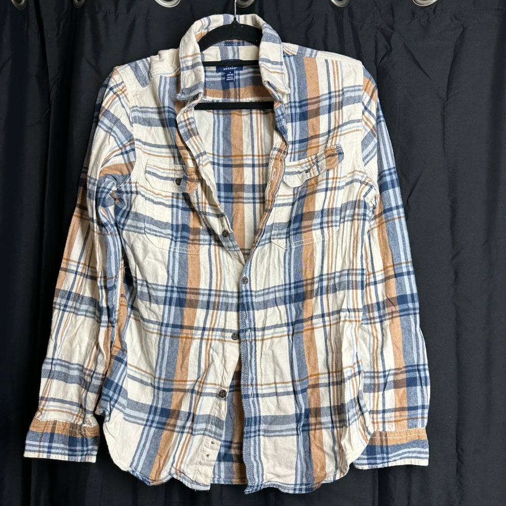 George Men's Plaid Flannel Button Down Shirt Blue Tan Small